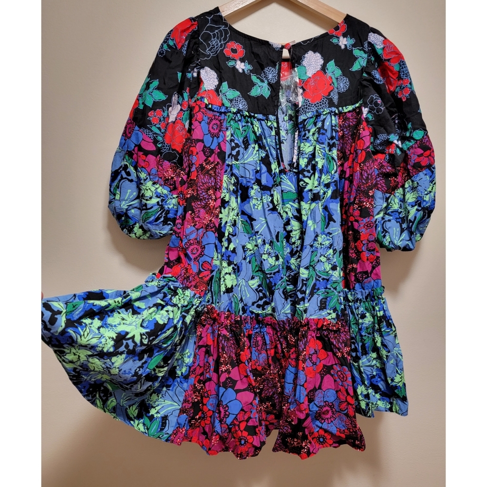 Free People × Prairie Field Mini Dress Floral Print Black Red Blue Green - Picture 6 of 7